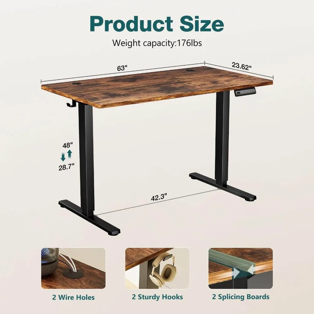 Electric Height Adjustable Standing Desk – 63" x 24", Brown