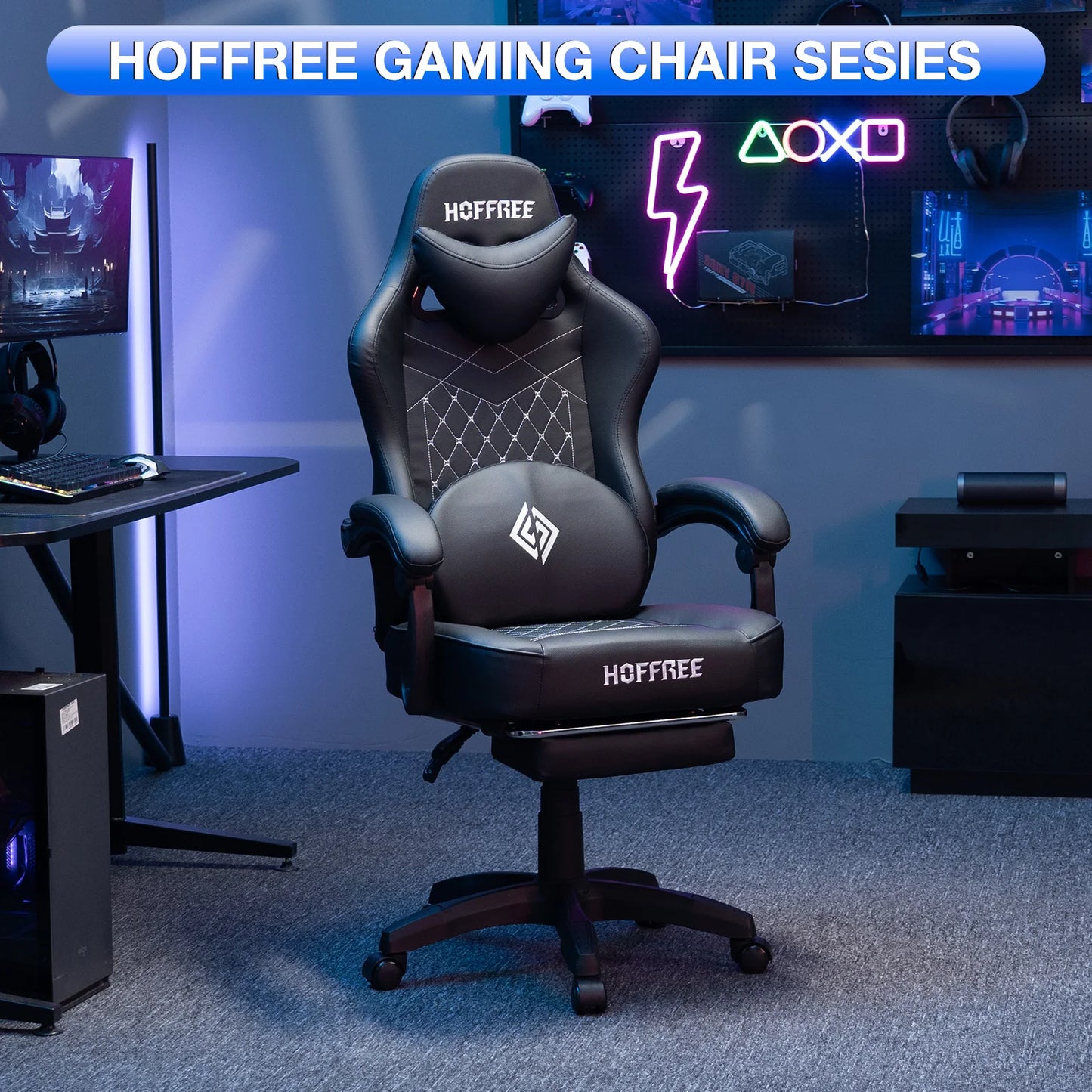 Massaging Ergonomic Gaming Chair with Footrest & Speaker