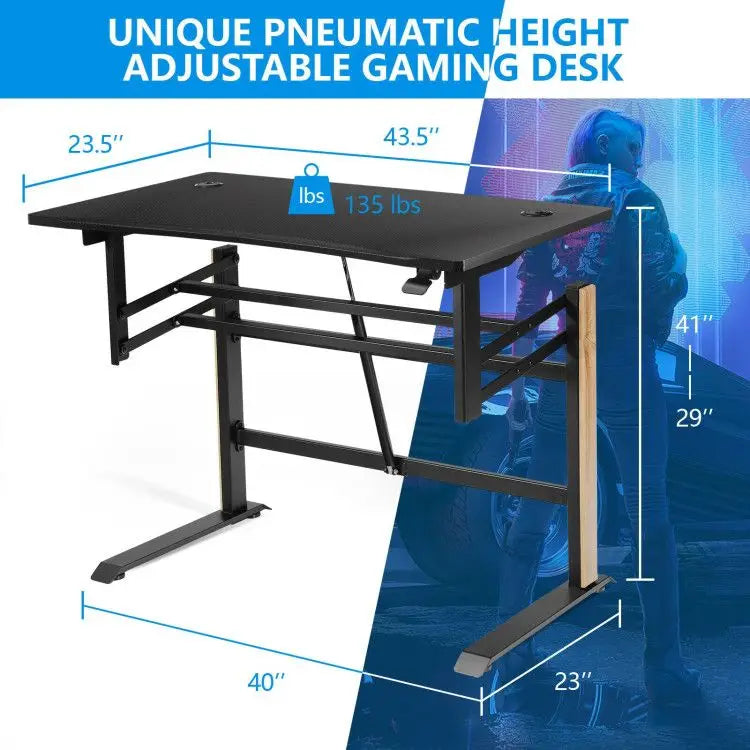 Pneumatic Height Adjustable Gaming Desk – T-Shaped with Power Strip Tray