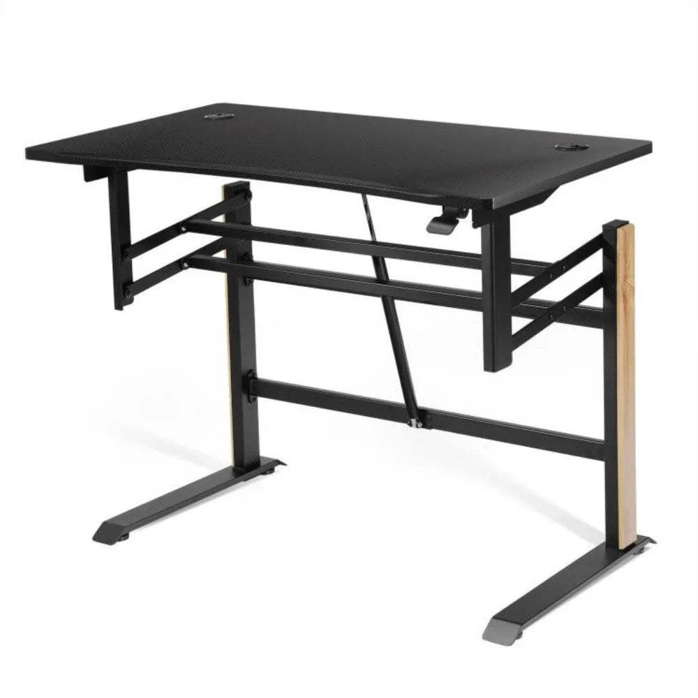 Pneumatic Height Adjustable Gaming Desk – T-Shaped Computer Desk with Power Strip Tray