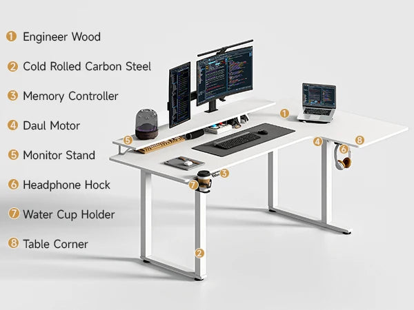 L-Shaped Electric Standing Desk – 63/71" x 43", Dual Motor with Memory Controller