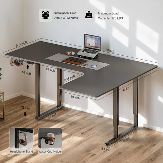 L-Shaped Electric Standing Desk – 63/71" x 43", Dual Motor with Memory Controller