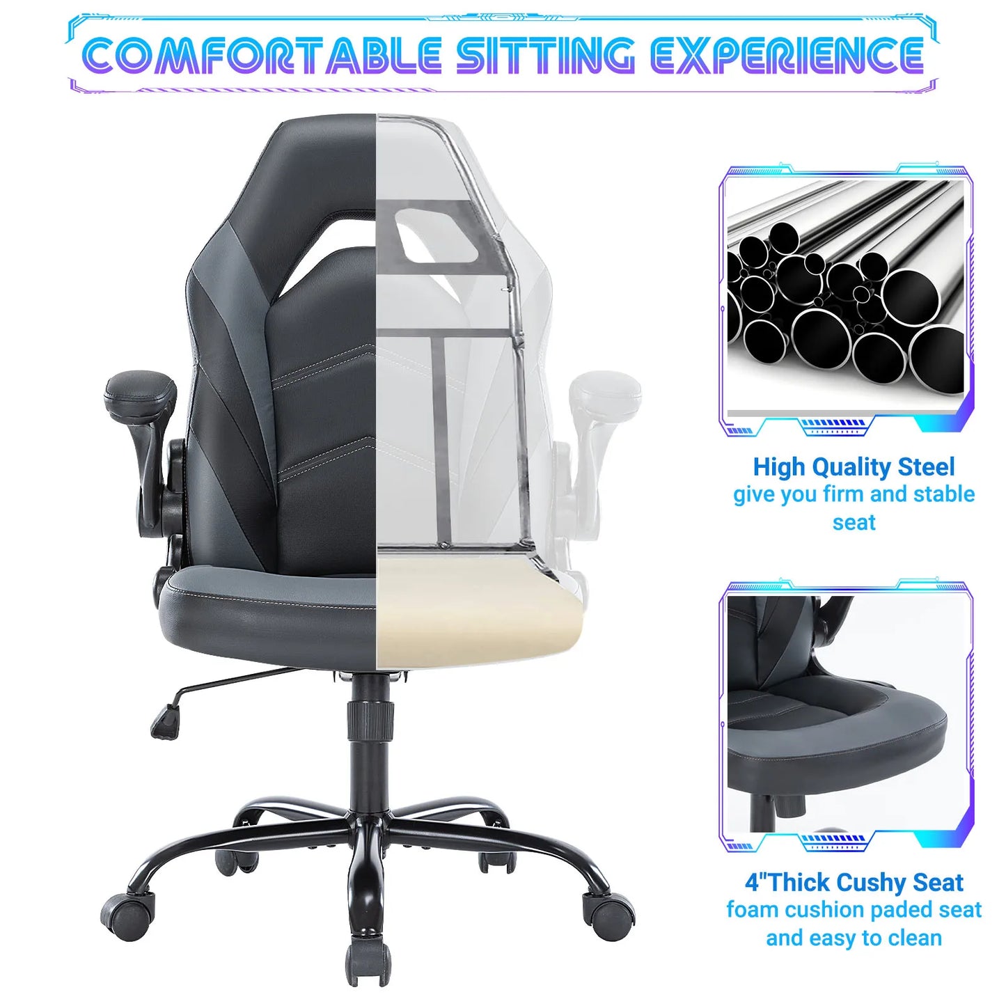 JHK Ergonomic PU Leather Gaming Chair with Flip-Up Armrests