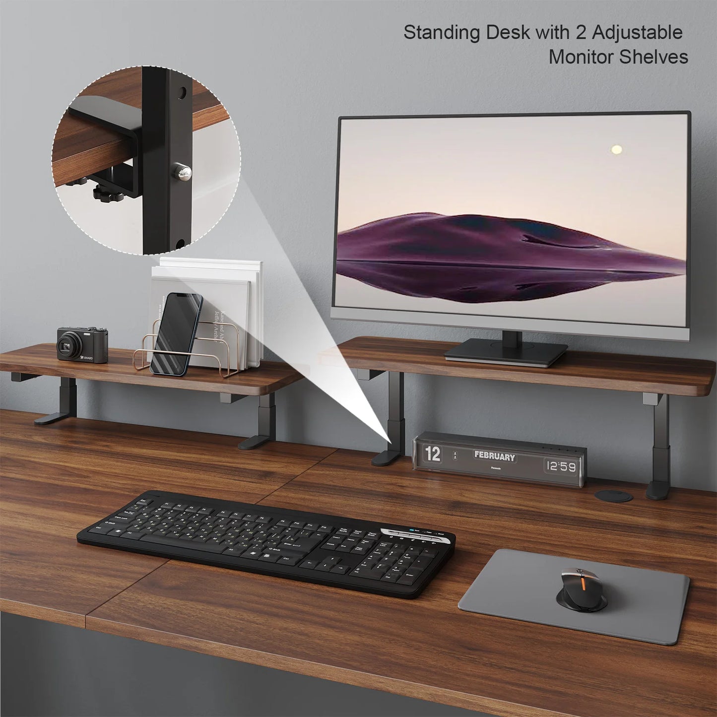 Electric Adjustable Height Desk with Dual Monitor Shelves & Memory Controller