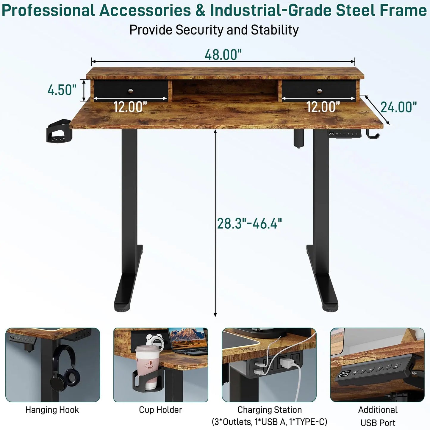 Vabches Electric Standing Desk – Height Adjustable with LED Light, Power Outlet & Metal Legs