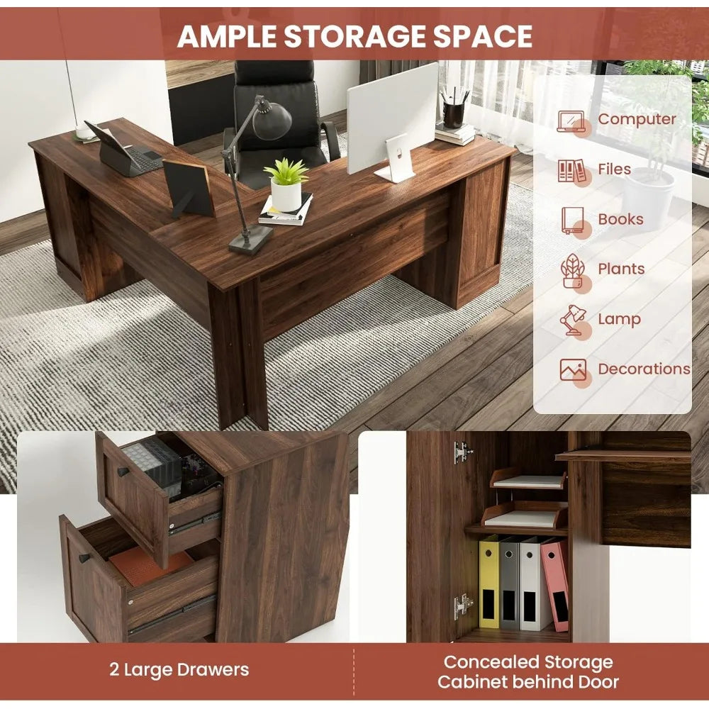 L-Shaped Office Desk with Storage Drawers, Cabinet & Keyboard Tray