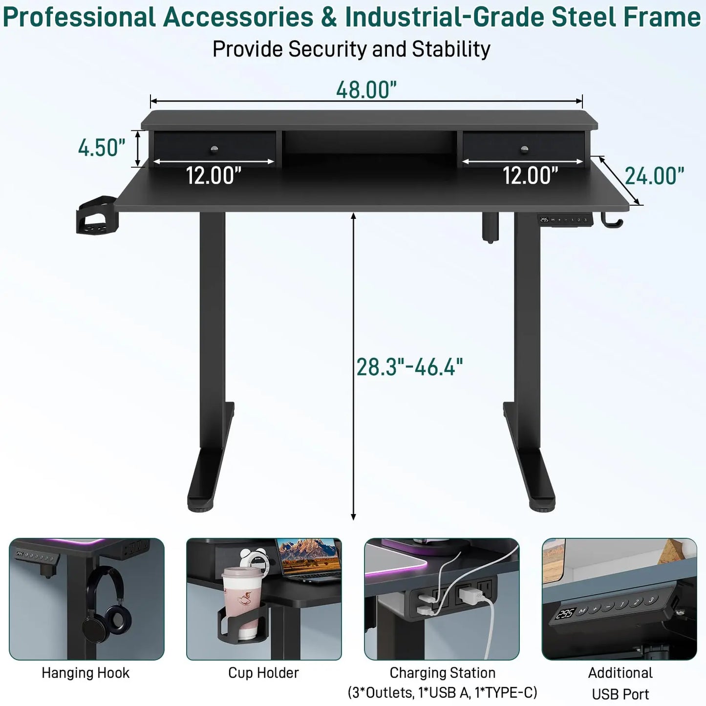 Vabches Electric Standing Desk – Height Adjustable with LED Light, Power Outlet & Metal Legs
