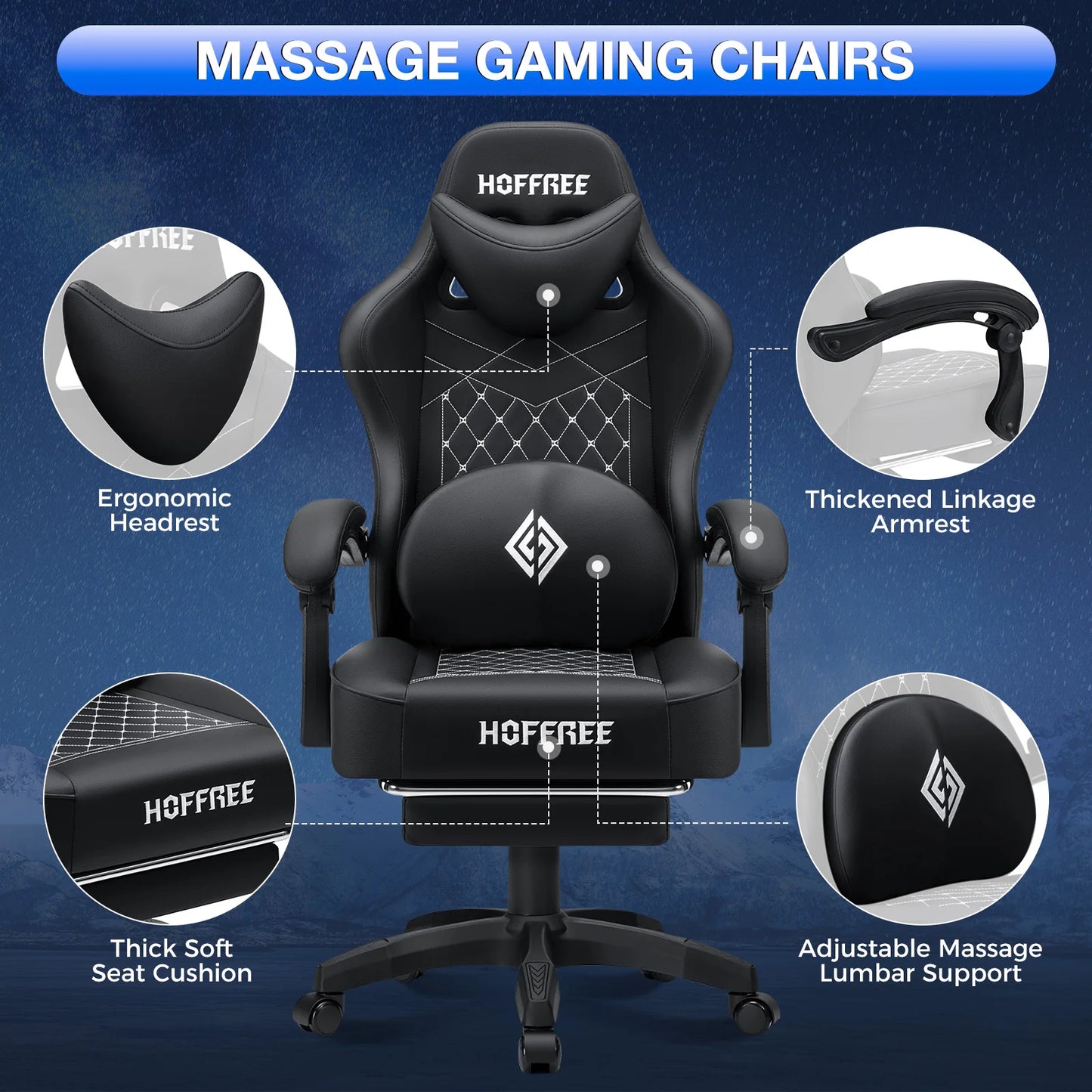 Ergonomic Gaming Chair with Footrest, Massage & Bluetooth Speakers