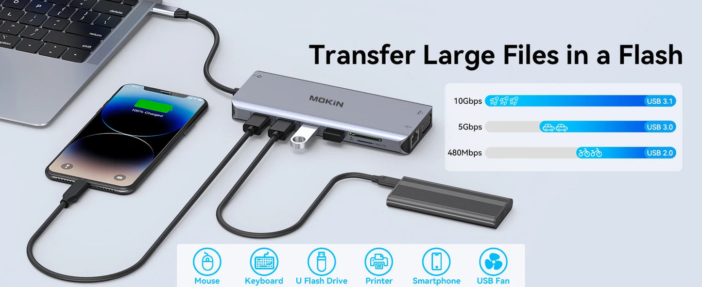 MOKiN USB-C Hub with 4K HDMI/DP, VGA, Ethernet & PD 100W