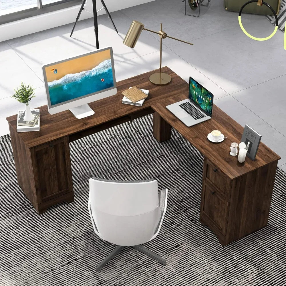 L-Shaped Office Desk with Storage Drawers, Cabinet & Keyboard Tray