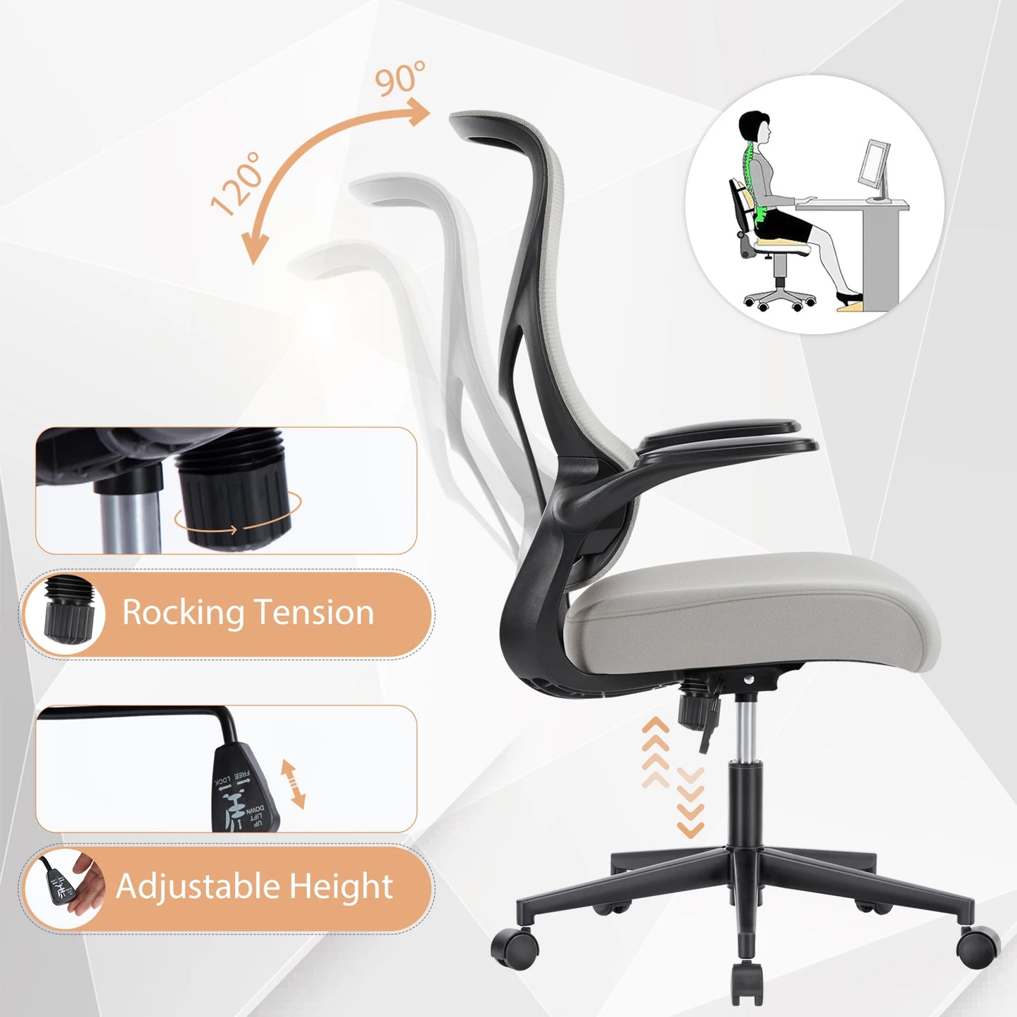 JHK Ergonomic Mesh High-Back Office Chair with Flip-Up Arms & Lumbar Support