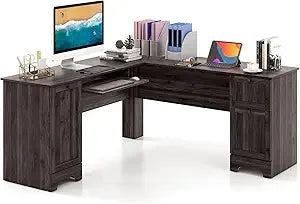 L-Shaped Office Desk with Storage Drawers, Cabinet & Keyboard Tray