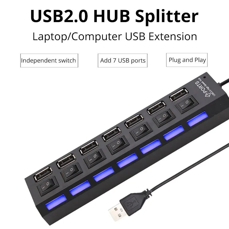 7-Port USB 2.0 Extension Hub with Individual Switches