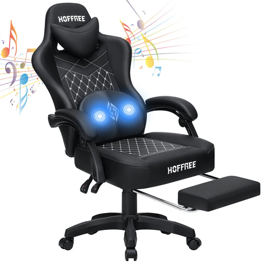 Ergonomic Gaming Chair with Footrest, Massage & Bluetooth Speakers