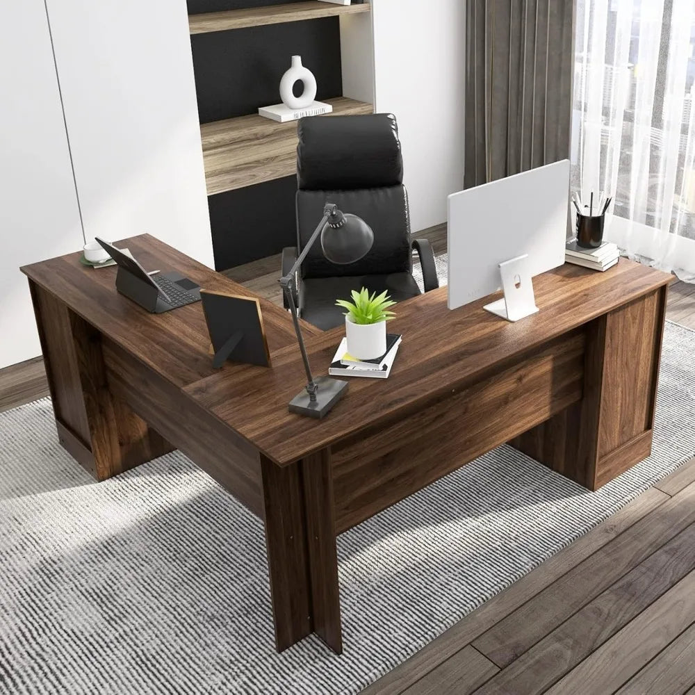 L-Shaped Corner Office Desk with Storage Drawers, Cabinet & Keyboard Tray