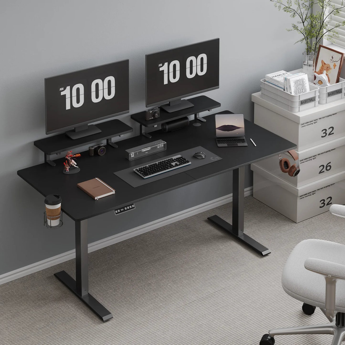 Electric Adjustable Height Desk with Dual Monitor Shelves & Memory Controller