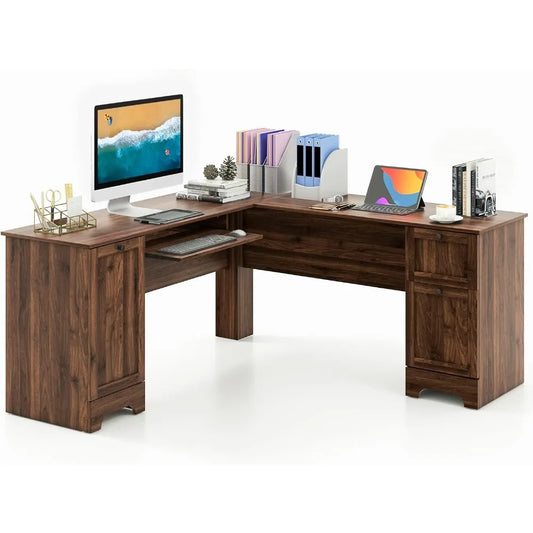 L-Shaped Corner Office Desk with Storage Drawers, Cabinet & Keyboard Tray