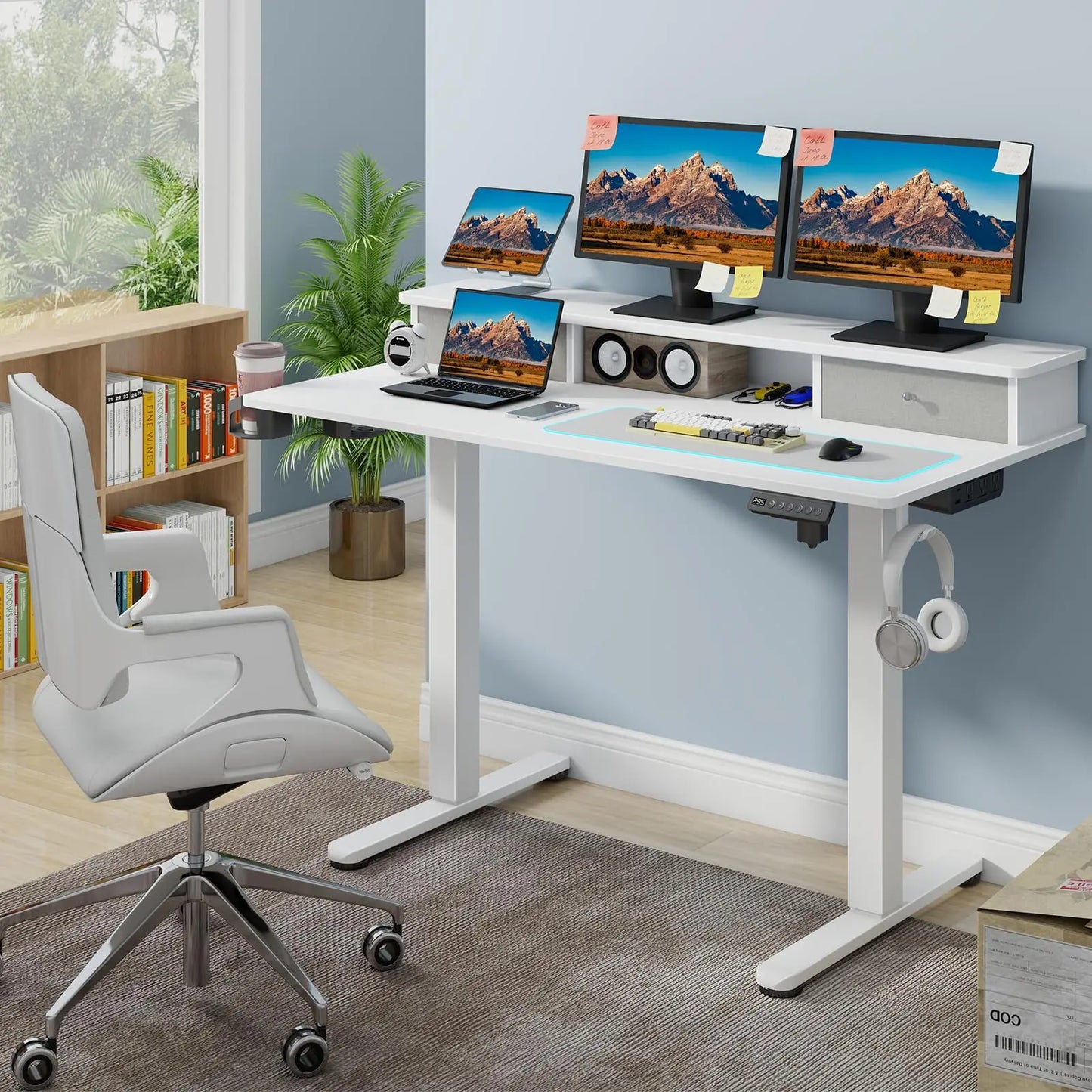 Vabches Electric Standing Desk – Height Adjustable with LED Light, Power Outlet & Metal Legs