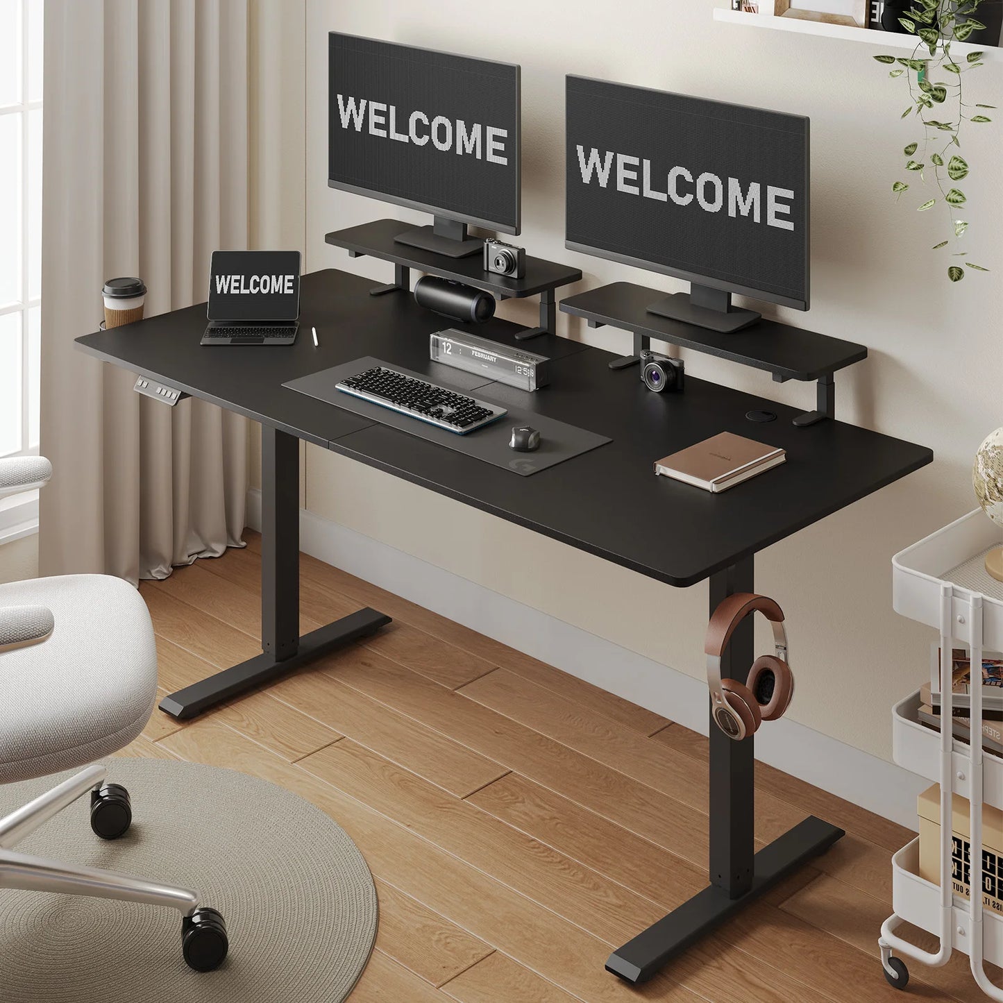Electric Standing Desk with 2 Adjustable Monitor Shelves & Memory Controller