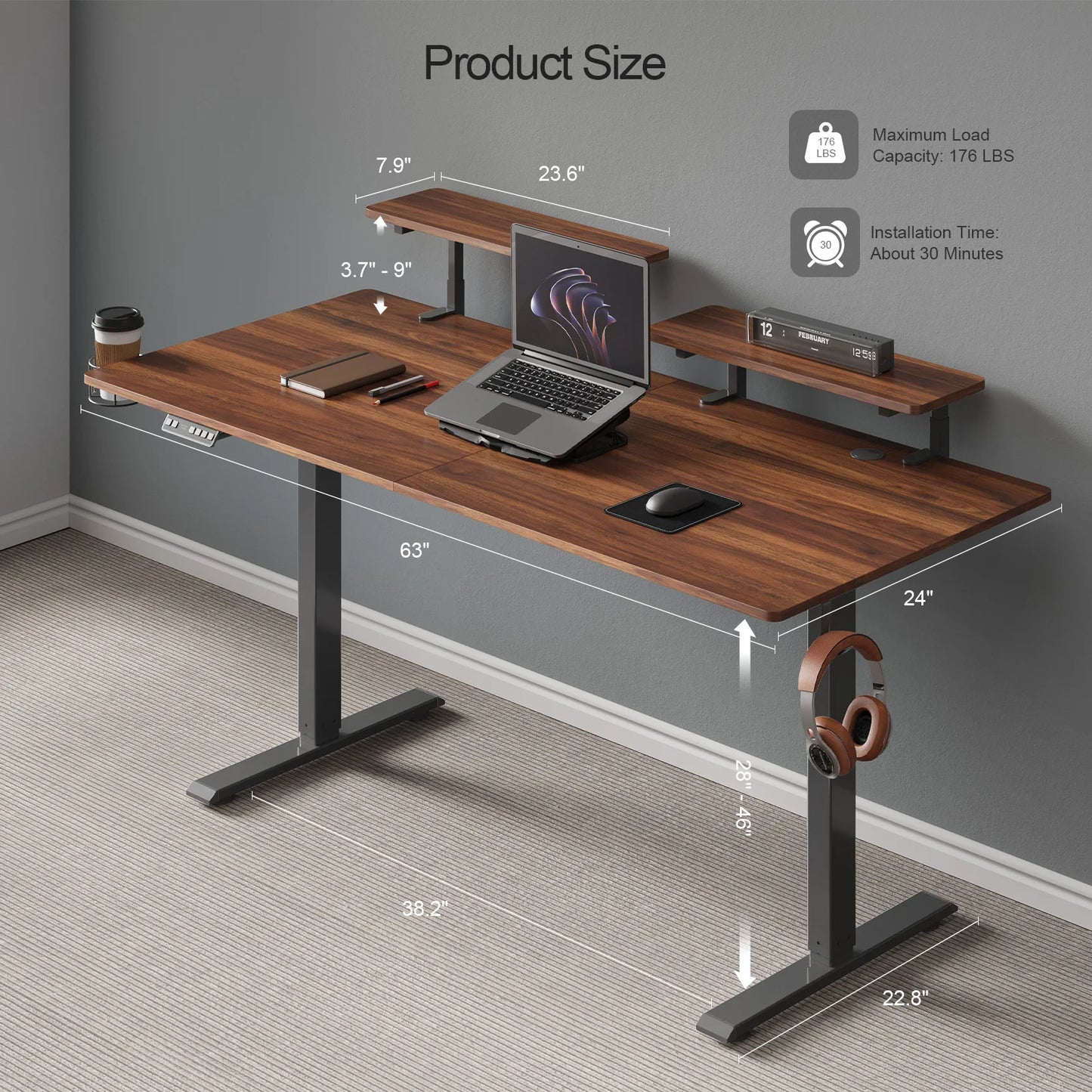 Electric Adjustable Height Desk with Dual Monitor Shelves & Memory Controller