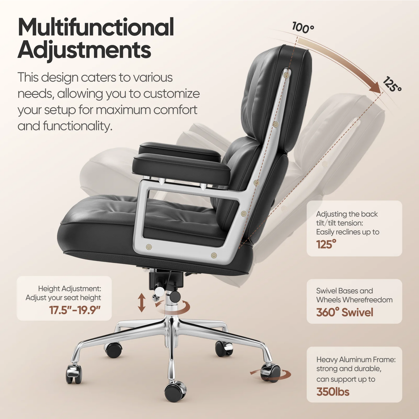 Genuine Leather Ergonomic Swivel Chair with Armrest
