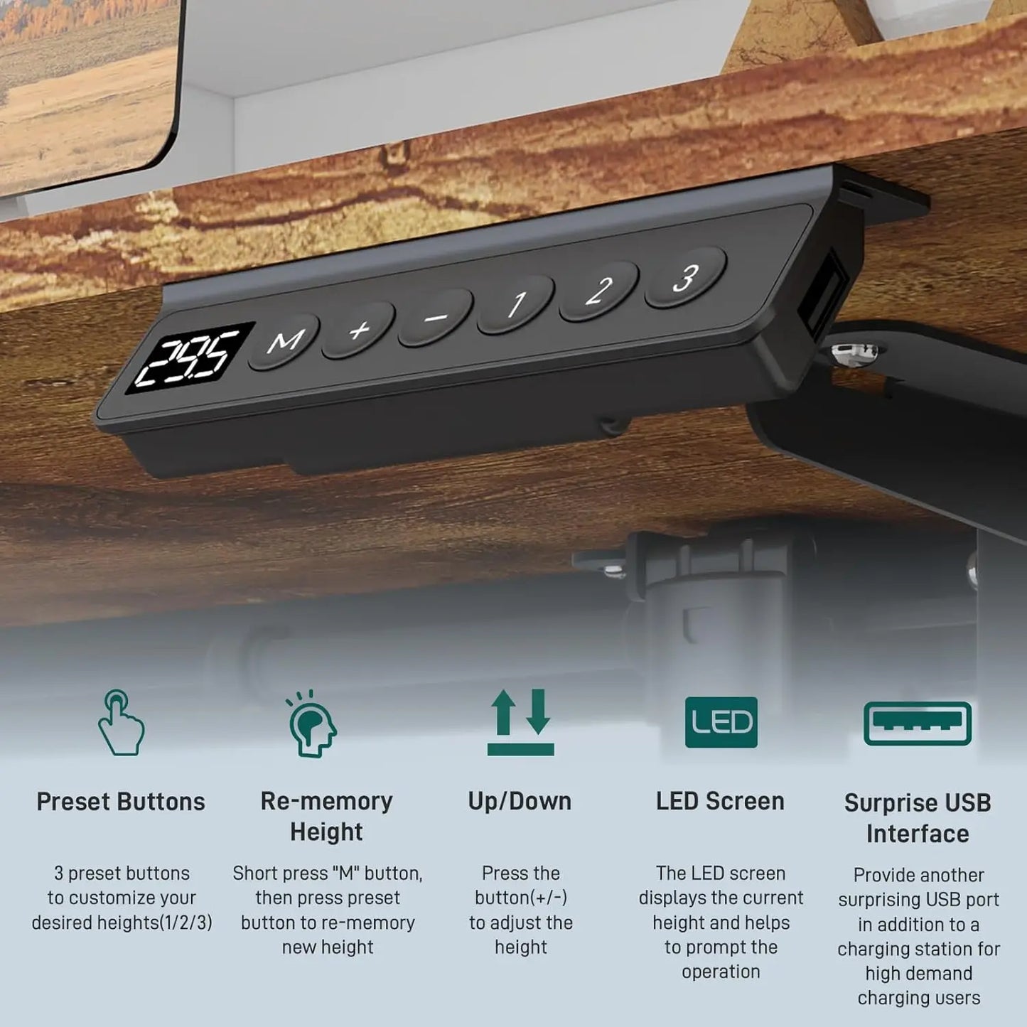 Vabches Electric Standing Desk – Height Adjustable with LED Light, Power Outlet & Metal Legs