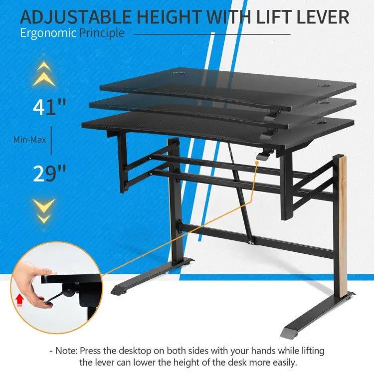 Pneumatic Height Adjustable Gaming Desk – T-Shaped with Power Strip Tray
