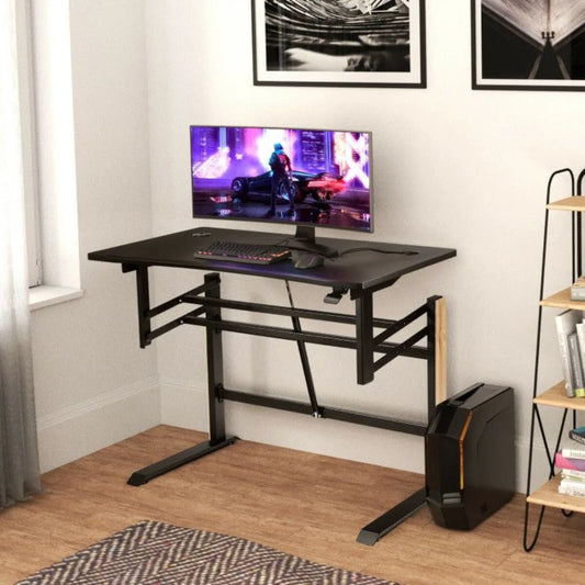 Pneumatic Height Adjustable Gaming Desk – T-Shaped Computer Desk with Power Strip Tray