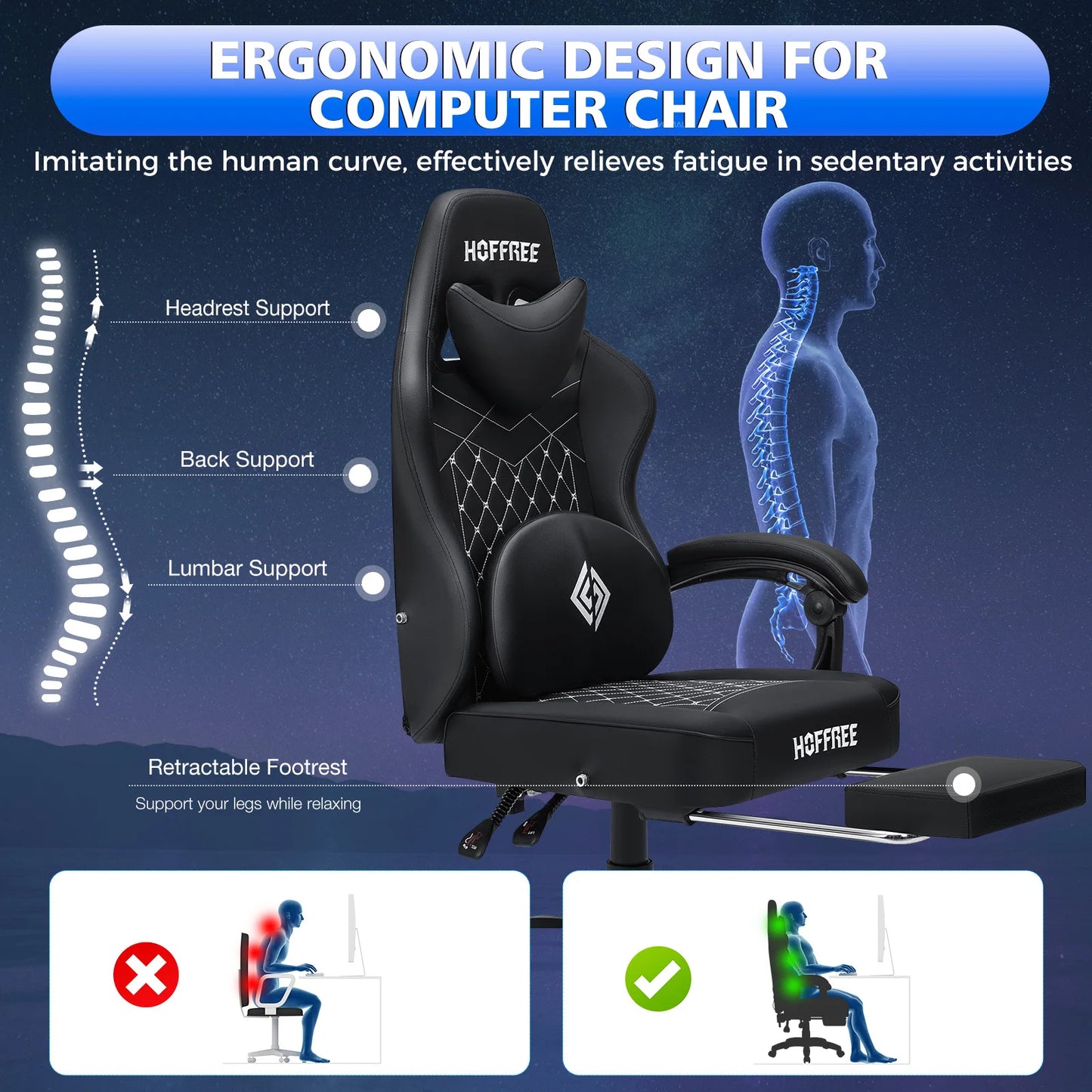 Ergonomic Gaming Chair with Footrest, Massage & Bluetooth Speakers