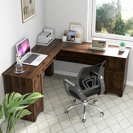 L-Shaped Office Desk with Storage Drawers, Cabinet & Keyboard Tray