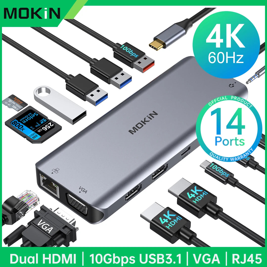 MOKiN USB-C Hub with 4K HDMI/DP, VGA, Ethernet & PD 100W