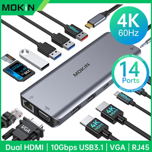 MOKiN USB-C Hub with 4K HDMI/DP, VGA, Ethernet & PD 100W
