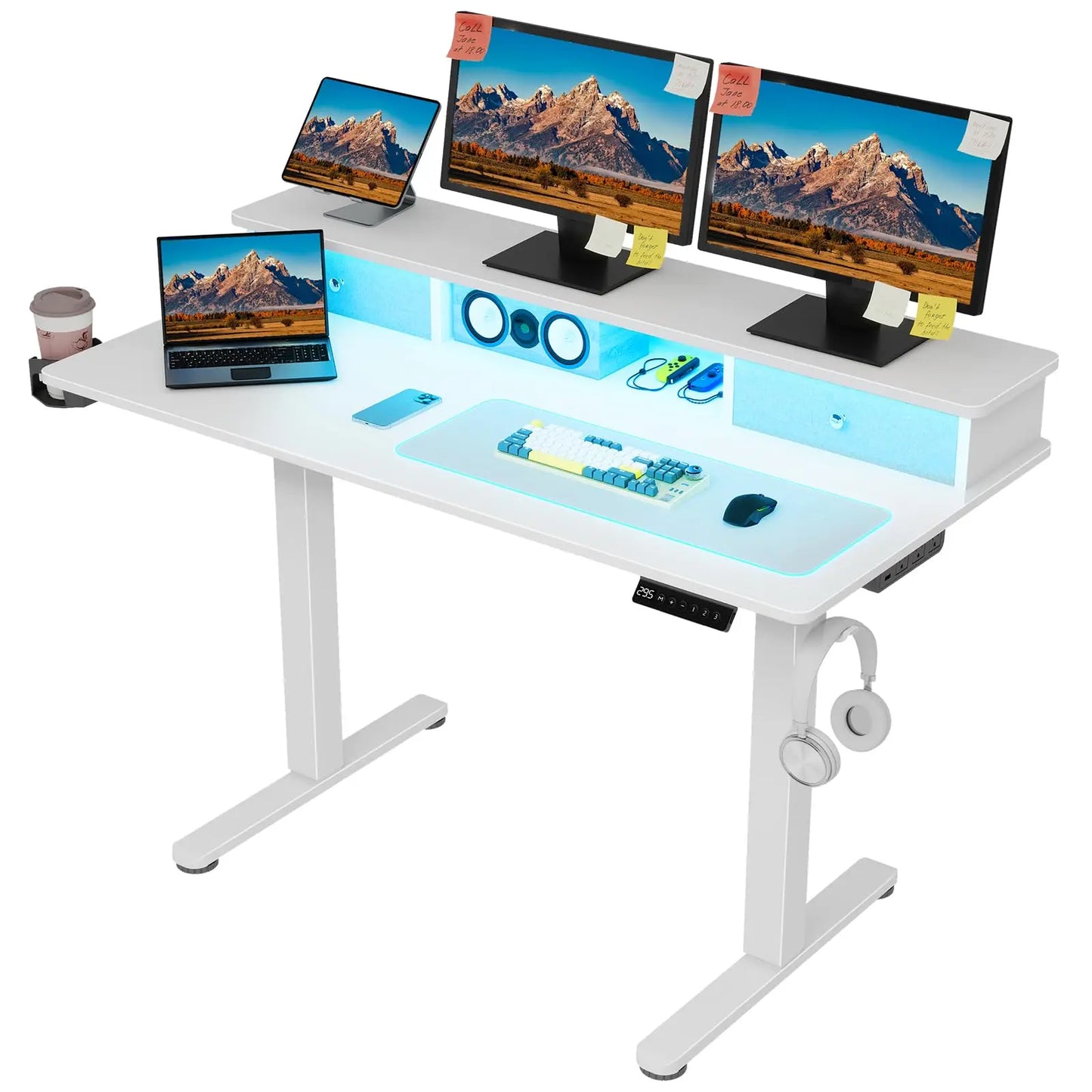 Vabches Electric Standing Desk – Height Adjustable with LED Light, Power Outlet & Metal Legs