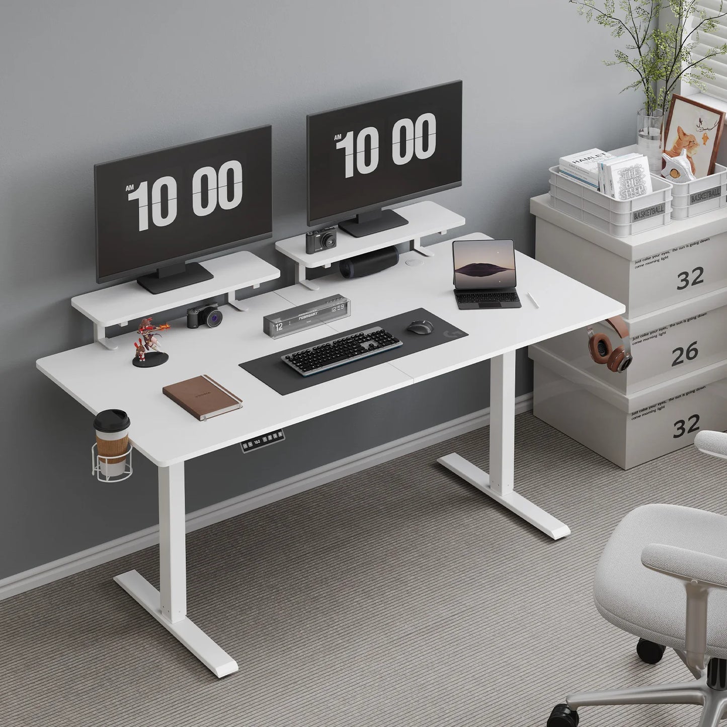 Electric Adjustable Height Desk with Dual Monitor Shelves & Memory Controller