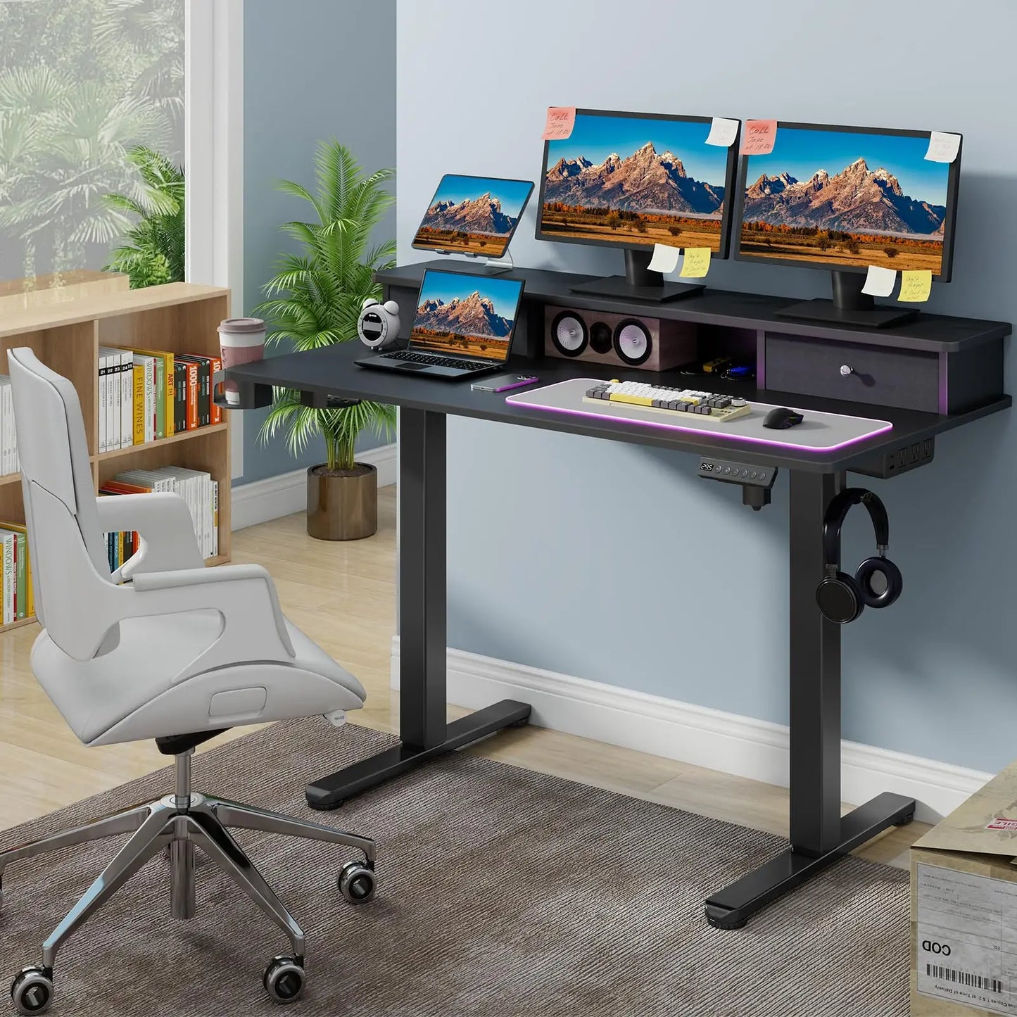Vabches Electric Standing Desk – Height Adjustable with LED Light, Power Outlet & Metal Legs