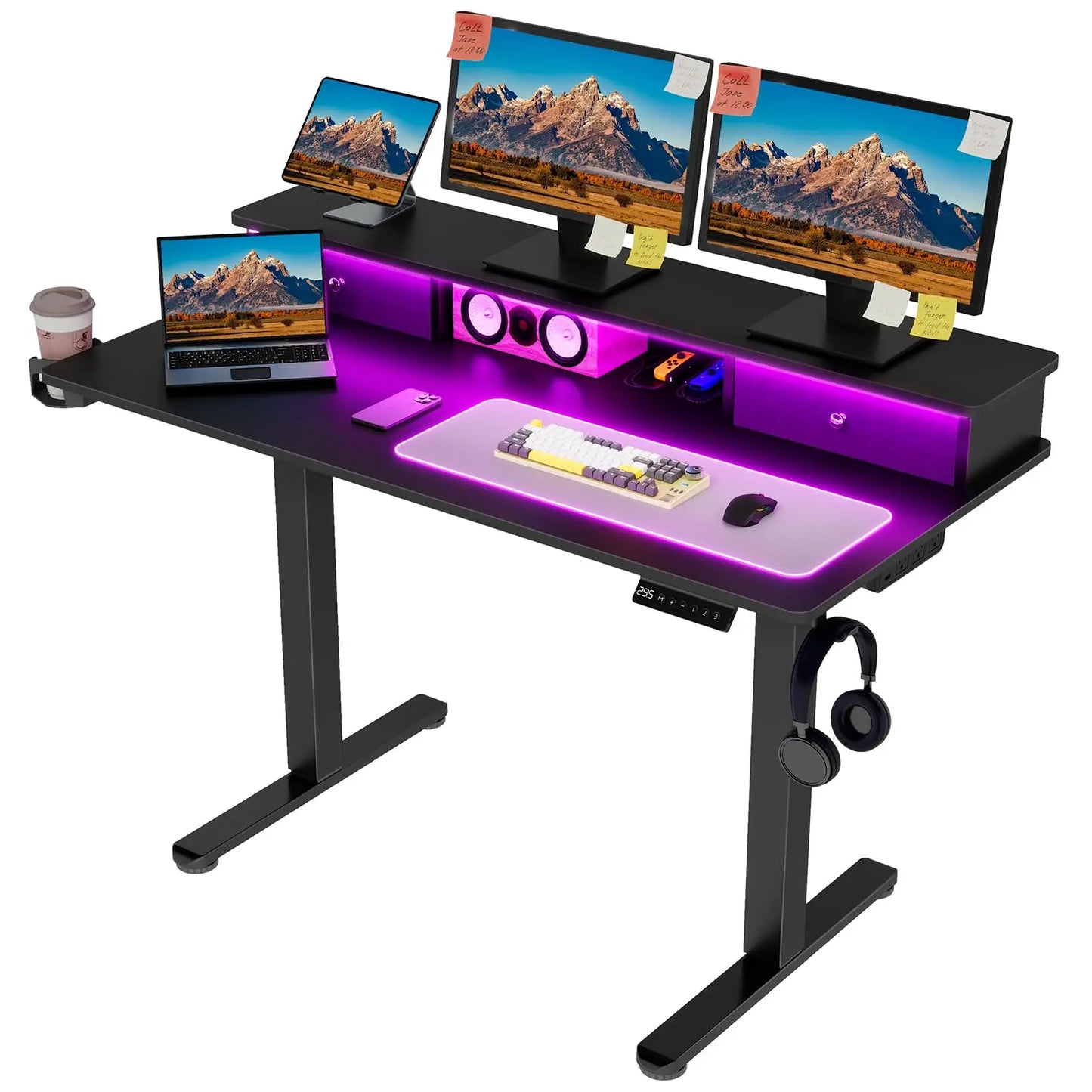Vabches Electric Standing Desk – Height Adjustable with LED Light, Power Outlet & Metal Legs