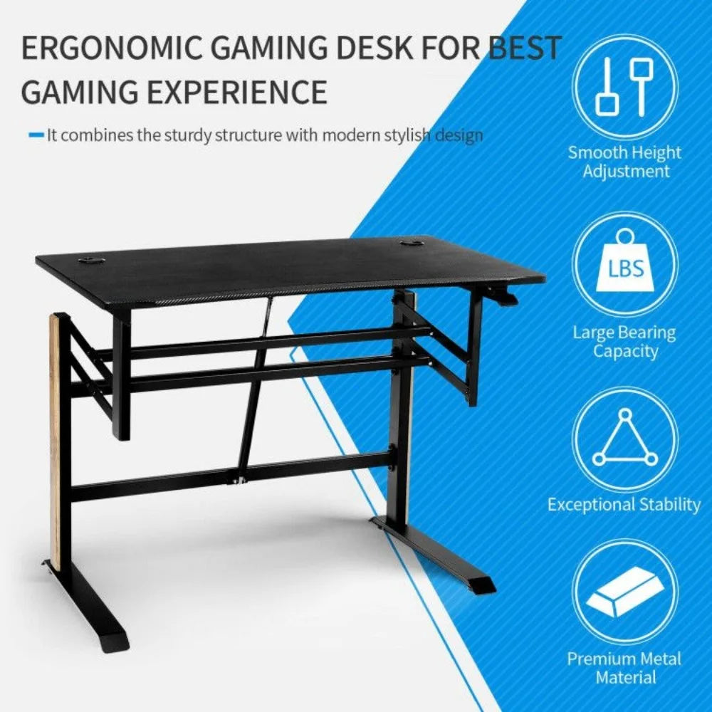 Pneumatic Height Adjustable Gaming Desk – T-Shaped Computer Desk with Power Strip Tray