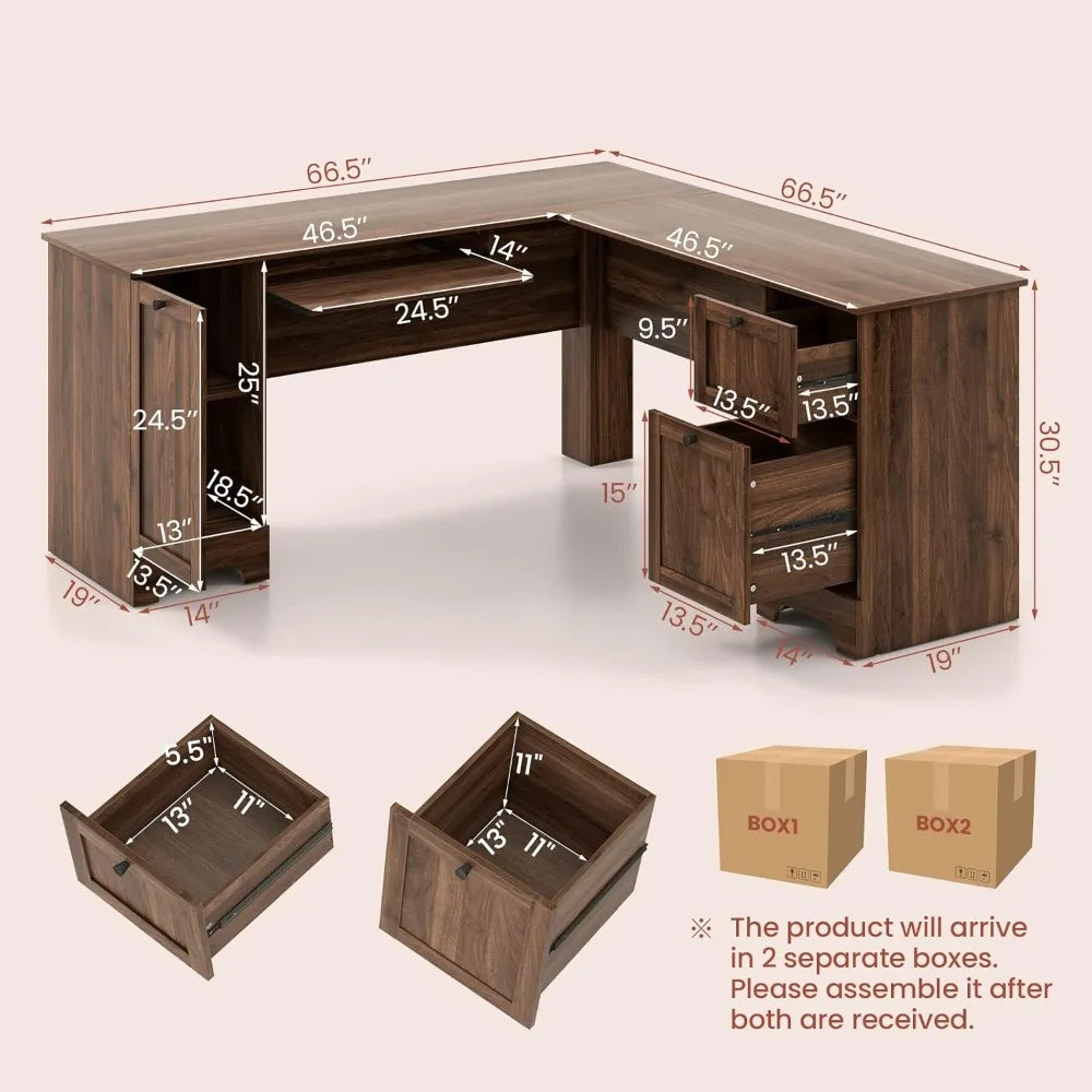 L-Shaped Office Desk with Storage Drawers, Cabinet & Keyboard Tray