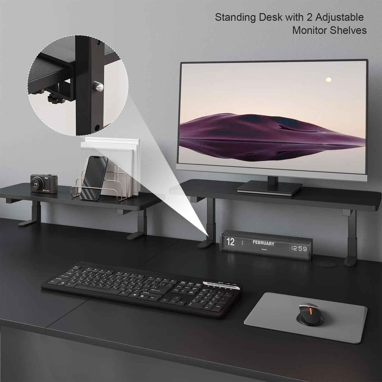 Electric Standing Desk with 2 Adjustable Monitor Shelves & Memory Controller