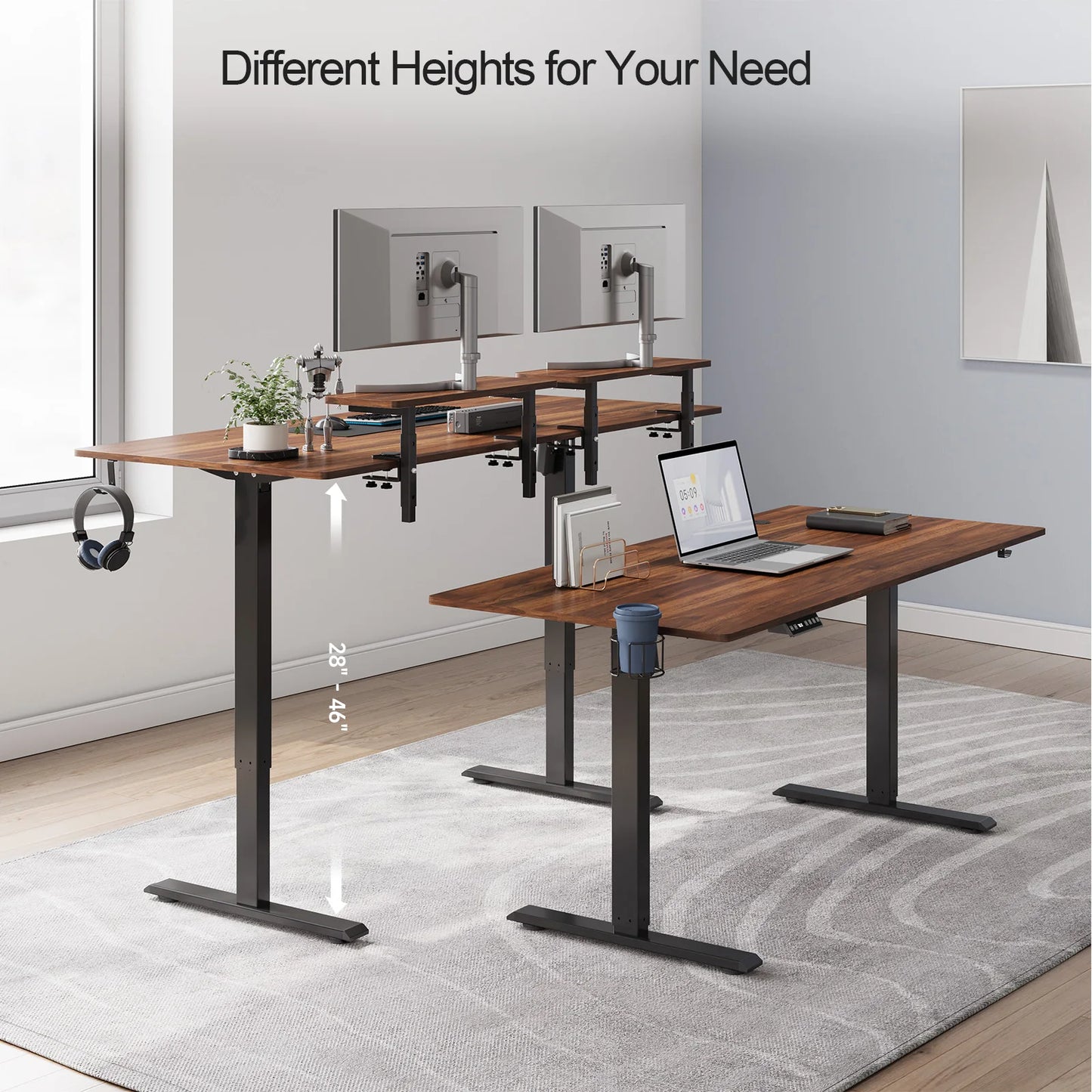 Electric Adjustable Height Desk with Dual Monitor Shelves & Memory Controller