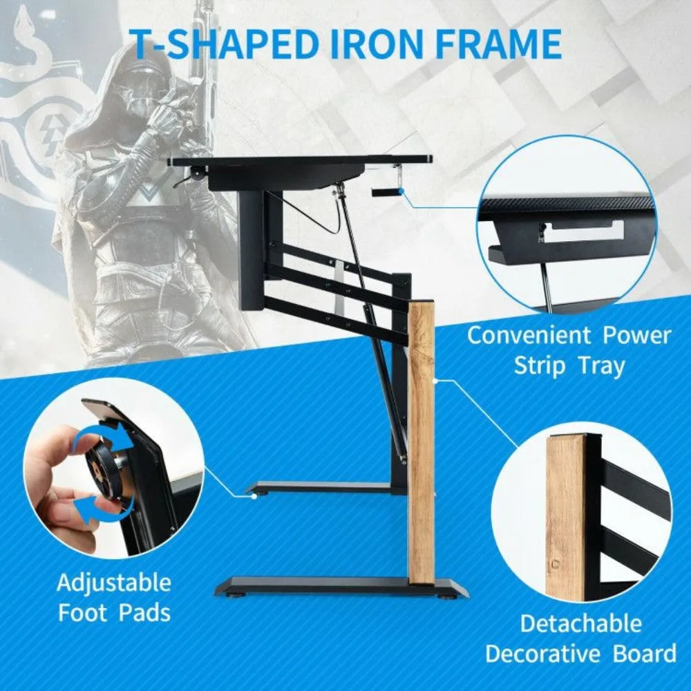 Pneumatic Height Adjustable Gaming Desk – T-Shaped Computer Desk with Power Strip Tray