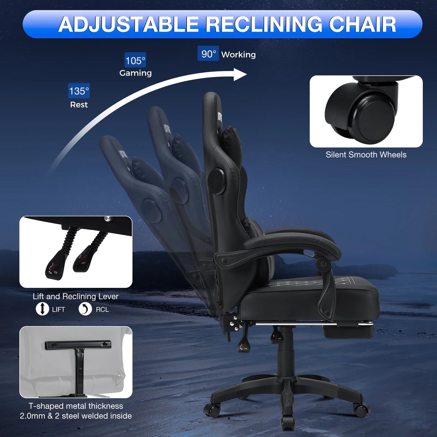 Ergonomic Gaming Chair with Footrest, Massage & Bluetooth Speakers